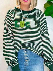 Women's St Patrick Day Chenille LUCKY Pattern Boho Long Sleeve Sweatshirt Top