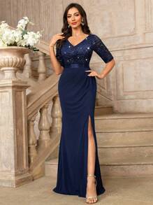 MIUSOL V-hals pailletten bloemen kant half mouw geplooide formele feest maxi jurk, elegante feestjurk voor vrouwen, formele avondjurk, galajurk, voor bruiloftsgasten, afstuderen, diner