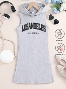 女童休闲运动印花无袖连帽连衣裙，夏季