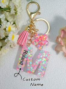 1 pieza Llavero de resina epoxi con brillo, colgante personalizado como accesorio para bolsos de mujer, llaves de coche, regalo para mamá, amigos, con diseños de corazón, mariposa y letra - Rosa - Ver 12