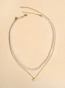 Shescity 2 Pieces Women's Fashionable And Exquisite Faux Pearl Necklace Set Suitable For Festivals,Parties,Girlfriend Gifts Or Women's Daily Banquet Wear - Gold - View 2