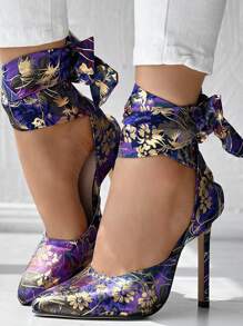 Damen Satin Blumen Muster Schleife High Heels, modische Band Zehe Schleife Schnürung Dünner High Heel Geschlossene Zehe Damenschuhe für Party Kleider, Bankette, Hochzeiten - Violett - Übersicht 4