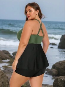 Graduation Women's Plus Size Tankini Swimsuits: Two Piece Bathing Suits Tank Tops With Boy Shorts Flowy Swimwear For Curvy Women - Army Green - View 3