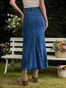 女士时尚优雅海军蓝牛仔美人鱼长裙