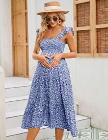 GoyRrbay Women's Maternity Summer Sleeveless Smocked Square Neck Dress - in màu xanh - Xem 3