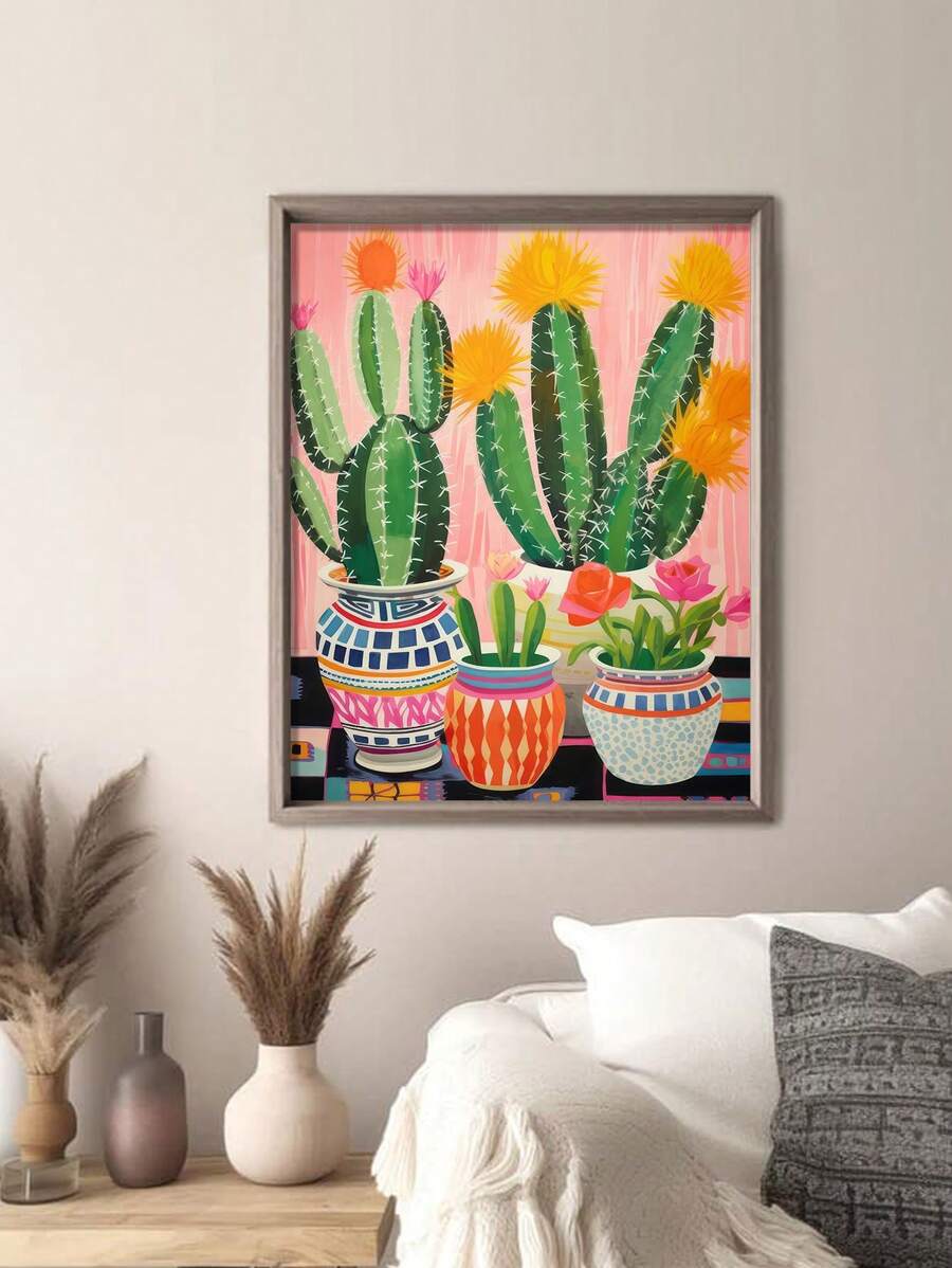 1幅复古墨西哥仙人掌帆布墙画，现代拉丁美洲风格墙面装饰，无框 - 彩色 - 查看 1