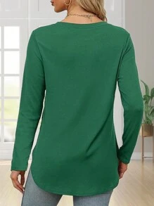 Women's Solid Color Crew Neck Shirt With Side Split Long Sleeve Casual Basic Top - 綠色 - 查看 2