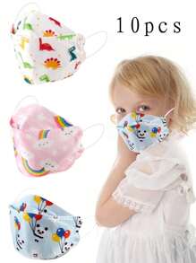 10pcs 3D Cute Printed Disposable Face Mask, Rainbow Panda Dinosaur Pattern, Breathable For Kids & Students - Multicolor - View 1