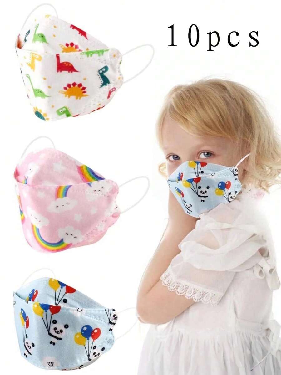 10pcs 3D Cute Printed Disposable Face Mask, Rainbow Panda Dinosaur Pattern, Breathable For Kids & Students - Multicolor - View 1