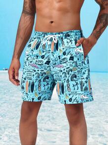 5-Inch Men's Summer Quick Dry Cartoon Beach Shorts, Casual Loose Comfortable Vacation Travel Shorts - Baby Blue - View 3