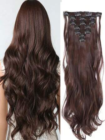 18~30 tum långa vågiga hårförlängningar, 7 st/set tjocka hårstycken med osynliga clips, mjuk syntetisk fiber, mörkbrun, för kvinnor