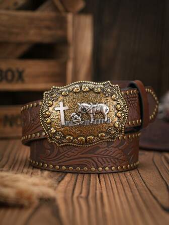 1 pieza Cinturón de cuero de PU marrón retro con hebilla de estilo vaquero occidental bohemio para hombres (hebilla desmontable) Accesorios de otoño, Halloween, otoño-invierno, adecuado para adolescentes, jóvenes, hombres, casual, al aire libre, atlético, vacaciones, regalos de graduación, cumpleaños, uso diario