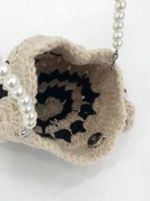 1pc Handmade Crochet Coin Purse, DIY Phone Pouch, Striped Floral Phone Bag, Beach Bag, Ideal For Summer, Vacation And Daily Use, Essential For Travel - Black and White - View 4