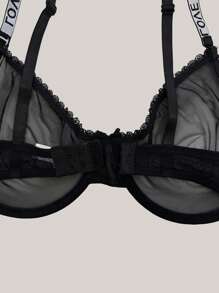 女士黑色性感透视舒适网眼内衣文胸简约透气内衣文胸亲肤可调节字母肩带 - 黑色 - 查看 6