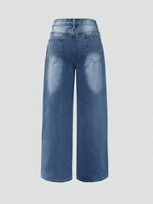 女士度假风 Y2K 水洗做旧阔腿牛仔裤，休闲春季款 - 中等水洗藍 - 查看 7