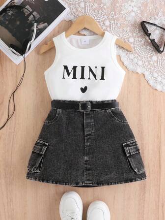 2pcs/Set Young Girl Summer Casual Letter Print White Tank Top & Skirt Set, Suitable For Commute, Daily Wear, Vacation, School