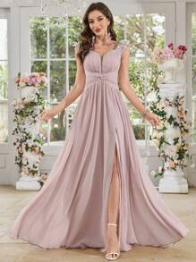 SUPGIR Sweetheart Neck Sleeveless Waist Crossed Ruched Slit Flared Cocktail Dress, Elegant Party & Occasion,Gown,Formal,Evening,Wedding Guest - Pink - View 1