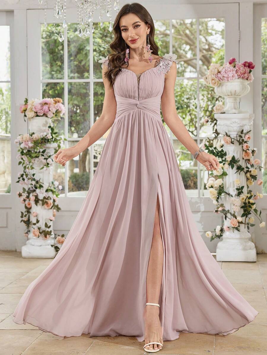 SUPGIR Sweetheart Neck Sleeveless Waist Crossed Ruched Slit Flared Cocktail Dress, Elegant Party & Occasion,Gown,Formal,Evening,Wedding Guest - Pink - View 1