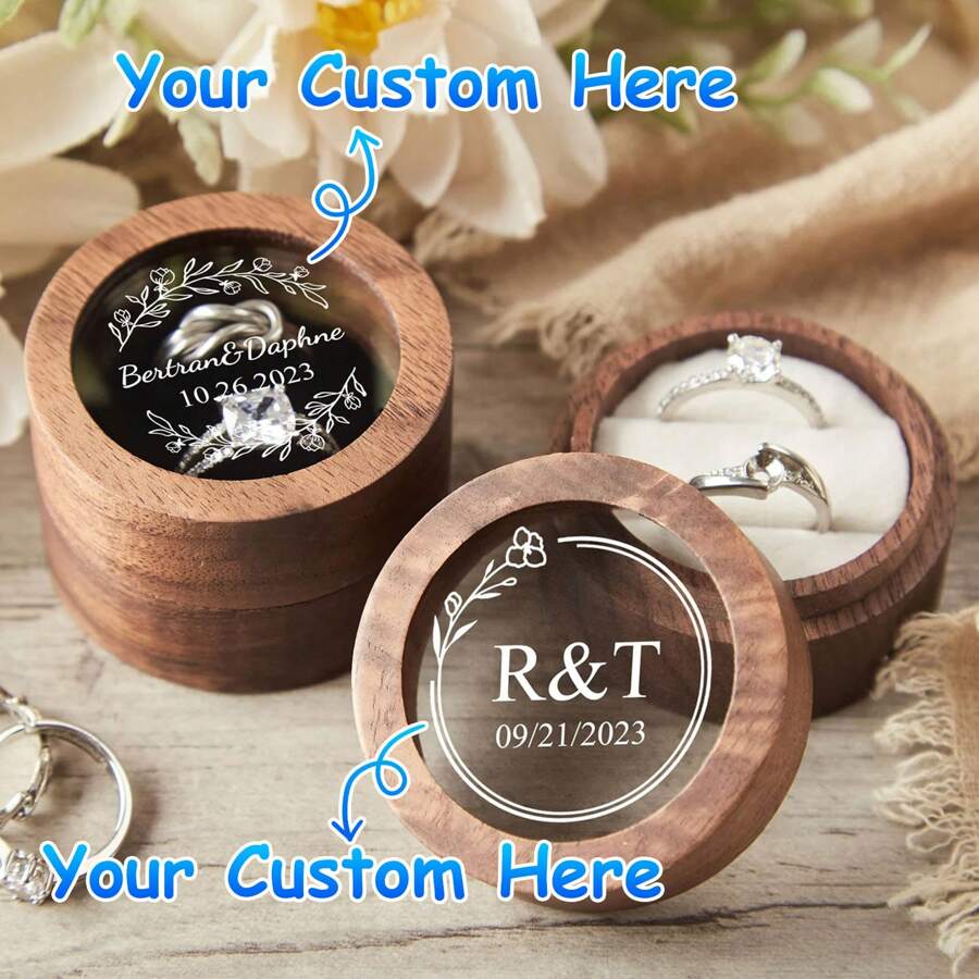 Personalized Wooden Ring Box Custom Round Engagement Ring Box Double Ring Bearer Box Custom Wedding Accessories Wedding Ring Box Valentine's Gift For Her New Couple Gift, Waterproof, Seal, No-Iron, Engraved, Ornamental, Exquisite, Vintage, High-Quality, Adorable, Custom, Personalized, Unique, Ideal Gifts For Him, Ideal Gifts For Her, Boyfriend, Girlfriend, For Anniversaries, For Valentine's Day, For Weddings - Multicolor - View 1