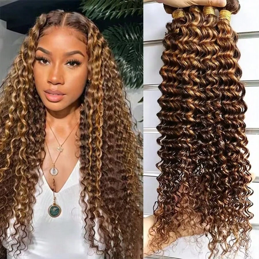 P4/27 Deep Wave Highlighted Human Hair Bundles Brown Curly Hair Weaves 1/3 Bundle Virgin Hair Extension For Ponytails - S4/27 - View 1