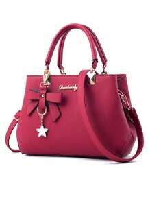 1 件女士纯色手提包，颜色：勃艮第红、安科拉红、波尔多红、宝石红、栗色、深红色、樱桃红、黑色、蓝色、灰色，采用 PU 材质，配有蝴蝶结星星吊坠，适合日常休闲、购物、旅行、商务通勤、书包套装、便携、经典休闲、商务休闲、适合少女、女大学生、白领、大学、适合办公室、小学、送给母亲或长辈的礼物、最佳母亲节女士礼物 - 彩色 - 查看 18
