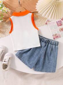 2 pièces Ensemble top polo blocs de couleurs tricoté 3D floral et jupe-short en denim à volants pour jeune fille, été