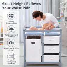 Portable Baby Changing Table Wooden Infant Diaper Changing Station Dresser With Laundry Hamper 3 Storage Drawers And Pad For Infant And Newborn - 灰色 - 查看 4