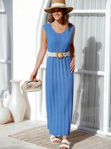Vestido largo de verano sin mangas con escote redondo y punto acanalado para mujer de Larisa
