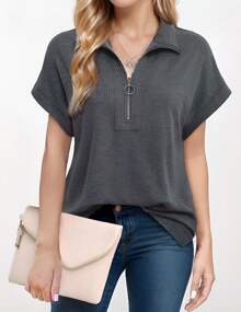 hoteel Women's Short Sleeve Tops And Shirts Zip Neck V Neck Business Casual Tops Loose Tunic Shirts Polo Shirts - Xám - Xem 2