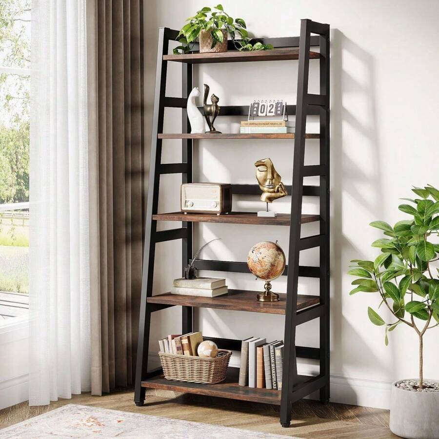 5-Tier Bookshelf Industrial Bookcase, 5 Shelf Ladder Shelf Book Storage Shelf Organizer For Living Room, Home Office