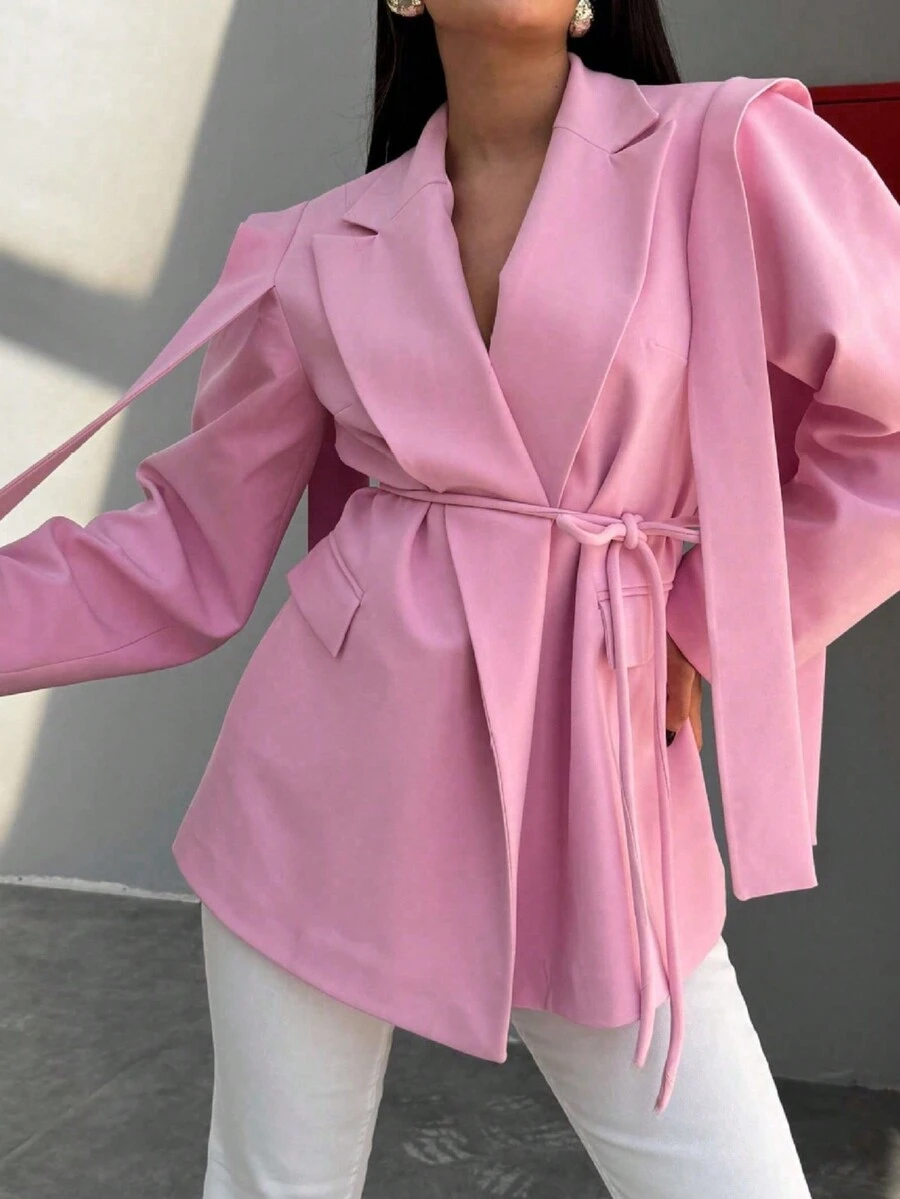 女士纯色翻领长袖宽松休闲西装外套，优雅春季穿搭，秋季女装 - 粉色 - 查看 1
