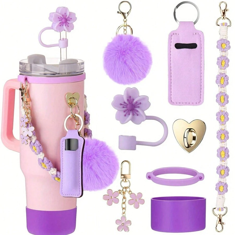 8 件兼容 杯配件，硅胶运动水壶配件套装适用于带手柄的 40 盎司 30 盎司玻璃杯 - 包括水壶手柄带、支架、保护套、钥匙扣饰物、吸管盖 - 紫色 - 查看 1