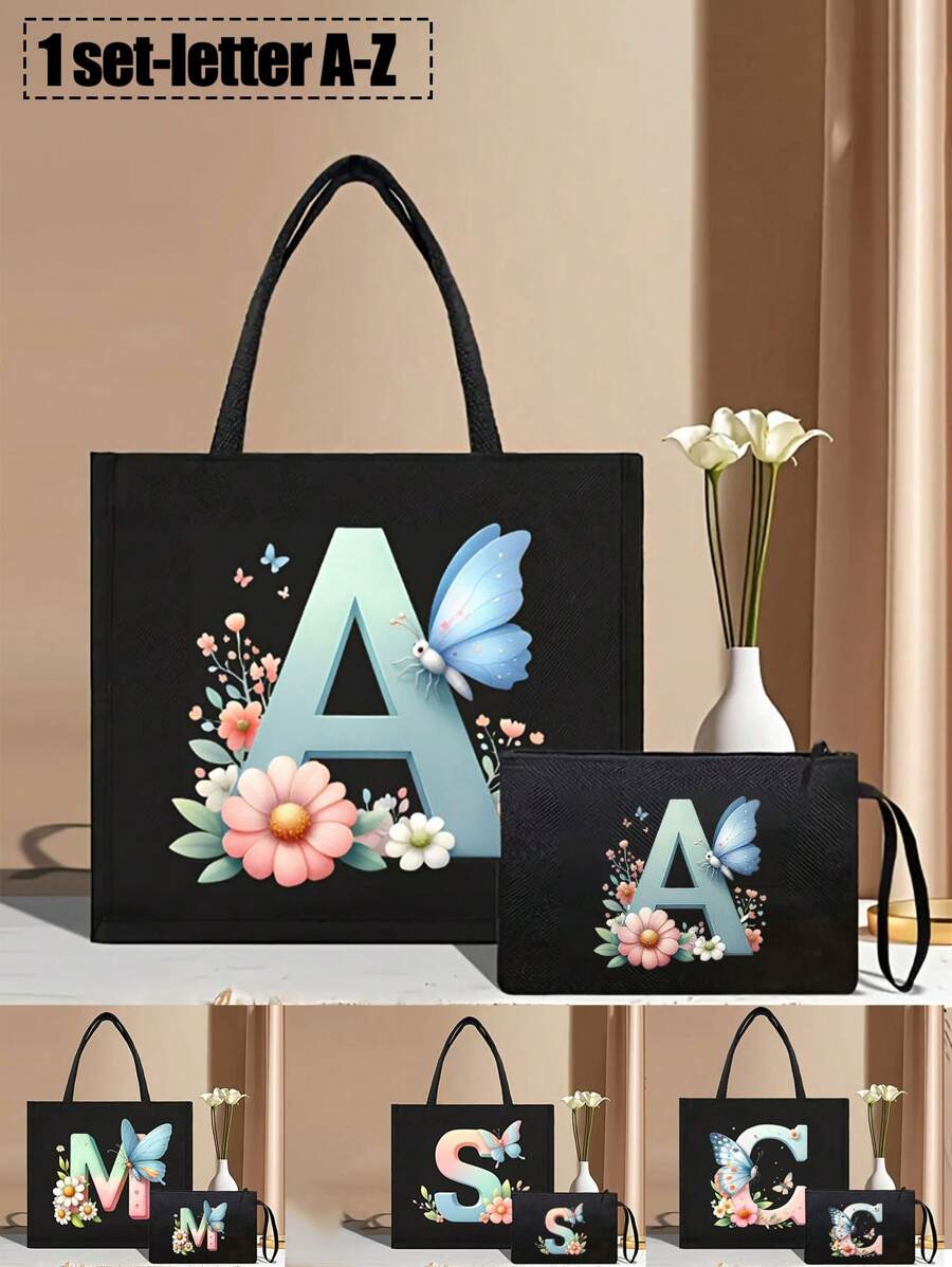 Color Gradient Butterfly Flower Letter A-Z Pattern Tote And Cosmetic Bag Set, Casual Style, Fabric Structure - Black - View 1