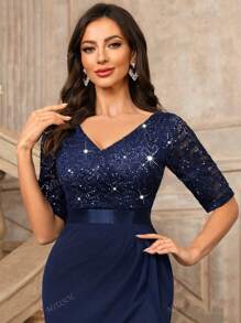 MIUSOL V-hals pailletten bloemen kant half mouw geplooide formele feest maxi jurk, elegante feestjurk voor vrouwen, formele avondjurk, galajurk, voor bruiloftsgasten, afstuderen, diner