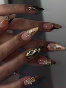 24 件 Y2k 风格指甲中号杏仁按压指甲金色和豹纹法式尖头亮面全覆盖假指甲 3D 金线金属假指甲适合女士和女孩婚礼 - 包括指甲锉和果冻粘合剂