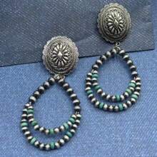 1 Pair Western Country Style Vintage Beaded Jewelry Earrings, Handmade Wire Wrap Turquoise, Suitable For Women To Wear On Holidays, Dates, Travel, And Daily Life