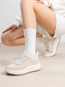 Women Platform Casual Sneakers Thick-Sole Woven Style Fashion Comfortable Wedge Sneakers Autumn Winter Outdoor Sport Shoes - Đá sa thạch đan - Xem 6