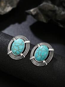 1 对复古绿松石耳环，适合女性日常佩戴 - 復古銀色 - 查看 2