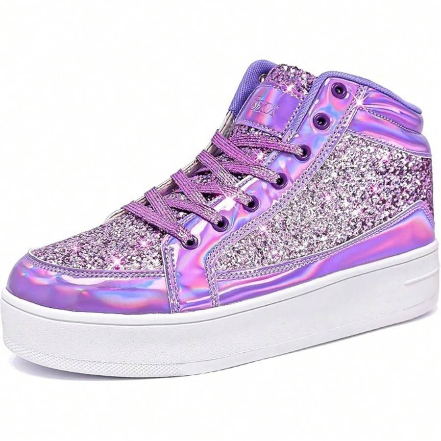 Womens Platform Glitter Shoes Black High Top Sparkly Sneakers Shiny Fashion Bling Dressy Sequin Metallic Sneakers Disco Wedding Shoes - Purple - View 1
