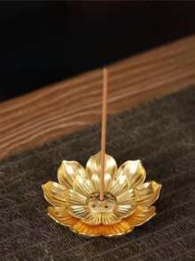 Porta-incenso de metal com flor de lótus e suporte minimalista de madeira, adequado para incensos em bastão e cone, cinzeiro e porta-velas multifuncionais, decoração de aromaterapia interna para meditação, ioga, casa, adequado para Natal, Halloween, Páscoa