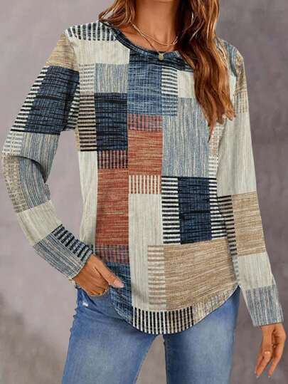 Women's New Crew Neck Casual Color Block Patchwork Long Sleeve T-Shirt Top, Spring/Summer Commuter Wear