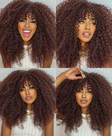 16 Inch Curly Wig Curly Wigs For Women Afro Kinky Curly Wig With Bangs Full And Fluffy Glueless Wig Synthetic Hair Replacement Wigs For Cosplay And Daily - Dark Brown - 查看 5