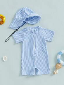 Baby Boy Basic Swimsuit Toddler Short Sleeve Front Zipper Bathing Suit Infant Boy Striped Rush Guard Swimwear With Sun Protection Swim Hat - Blue - View 2