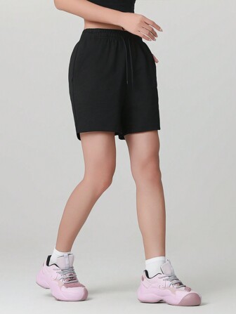 Summer Workout 1pc Women's Solid Color Pocket Casual Shorts, Versatile For Daily Wear, Hiking, Running, Cycling