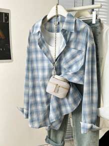 YUXIN 女士蓝色格子纽扣前开襟宽松长袖衬衫，涤纶面料，带口袋领，长款，无弹力面料