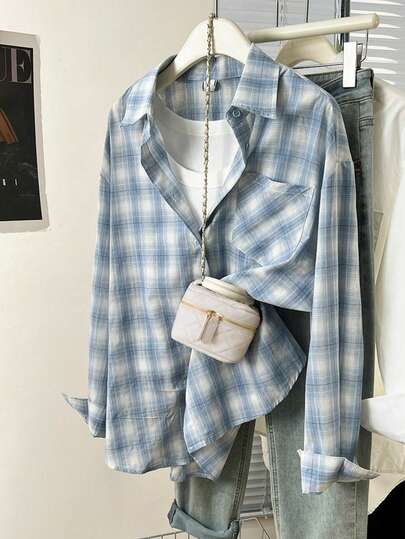 YUXIN Women's Blue Plaid Button-Front Oversized Long Sleeve Shirt, Polyester Fabric, With Pocket Collar, Long Length, Non-Stretch Material Casual Spring