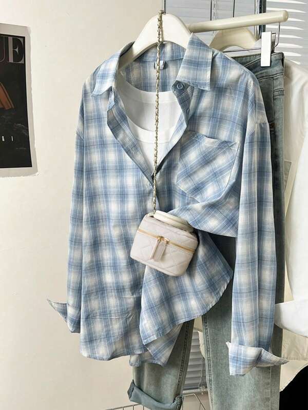 YUXIN 女士蓝色格子纽扣前开襟宽松长袖衬衫，涤纶面料，带口袋领，长款，无弹力面料