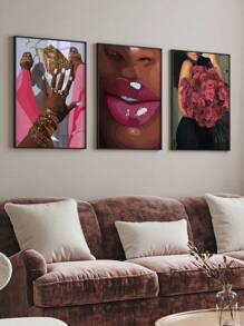 3 Pieces African American Art Posters Pink Lip Hanging Paintings Red Rose Poster Gold Jewelry Wall Picture Vintage Wall Arts Living Room Wall Decor Valentines Day Gift Optional Frame