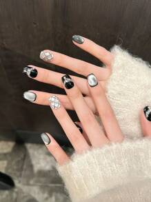 10pcs Black Glitter Cat Eye Rhinestone Pearl Diamond Handmade Acrylic Press On Nails Short Coffin Fake Nails, Simple French Nail Tips, DIY Nail Art Supplies, Reusable, Jelly Glue And Nail File