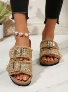 Plus Size Women Fringe Slip-On Sandals, Retro Niche Design Casual Thick Sole Slippers